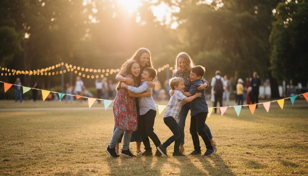 An epic moment of genuine laughter and connection, Capturing genuine joy at Mitcham community events, with guests embracing under warm string lights at a local Mitcham park, expertly photographed with beautiful bokeh and golden hour light.