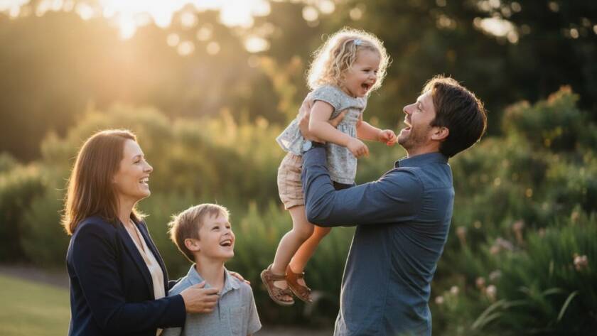 An intimate, sun-drenched photograph of a family laughing genuinely in a natural setting, showcasing the magic of capturing genuine joy Skye candid photography.