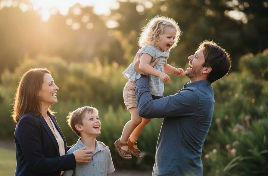 An intimate, sun-drenched photograph of a family laughing genuinely in a natural setting, showcasing the magic of capturing genuine joy Skye candid photography.
