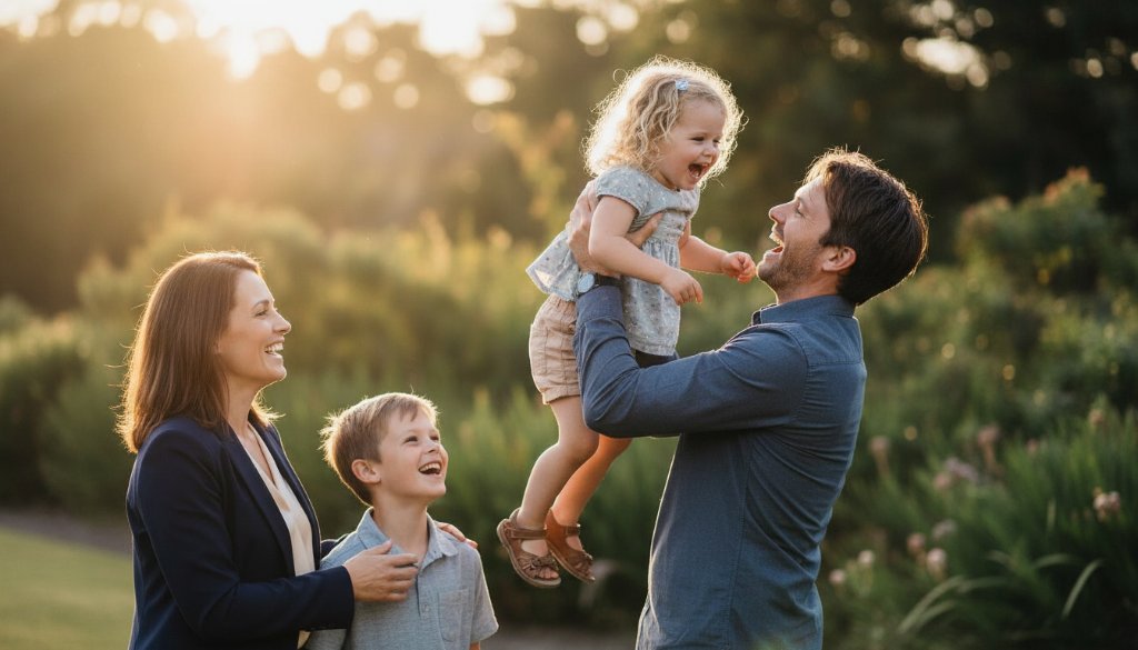 An intimate, sun-drenched photograph of a family laughing genuinely in a natural setting, showcasing the magic of capturing genuine joy Skye candid photography.