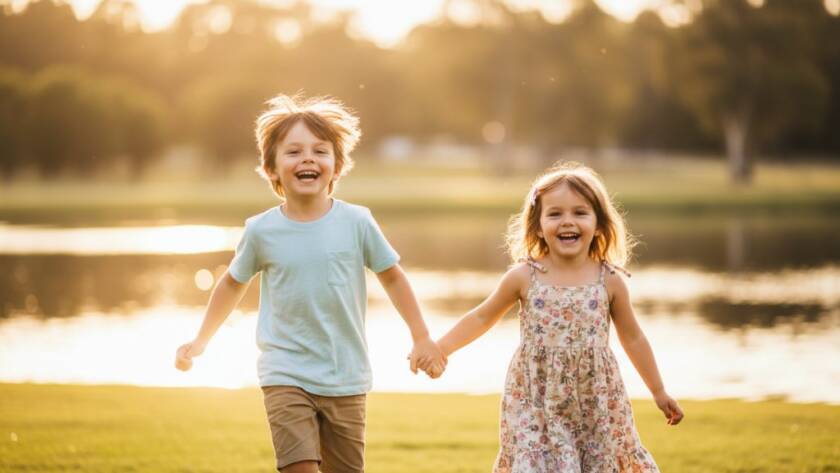 A vibrant, professionally color-graded photograph capturing genuine kids' joy Caroline Springs, showing two siblings laughing while running through a sun-drenched park at sunset, with a blurred backdrop of Caroline Springs Lake.