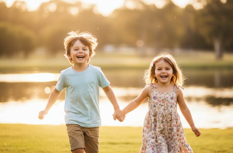 A vibrant, professionally color-graded photograph capturing genuine kids' joy Caroline Springs, showing two siblings laughing while running through a sun-drenched park at sunset, with a blurred backdrop of Caroline Springs Lake.