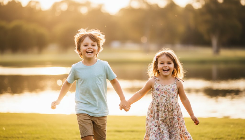 A vibrant, professionally color-graded photograph capturing genuine kids' joy Caroline Springs, showing two siblings laughing while running through a sun-drenched park at sunset, with a blurred backdrop of Caroline Springs Lake.