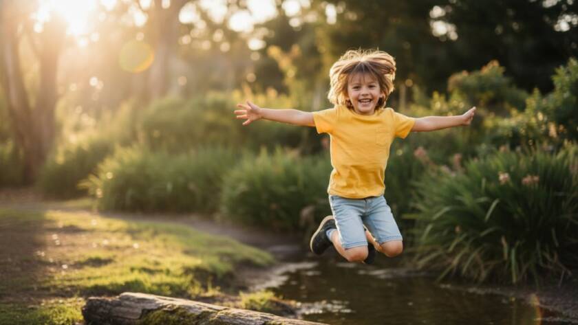 A professional, cinematically lit photograph capturing genuine kids joy Glen Waverley Victoria, showing a child mid-laugh, running through dappled sunlight in a lush park, possibly Jells Park, with a sense of freedom and pure happiness, professional colour grading.