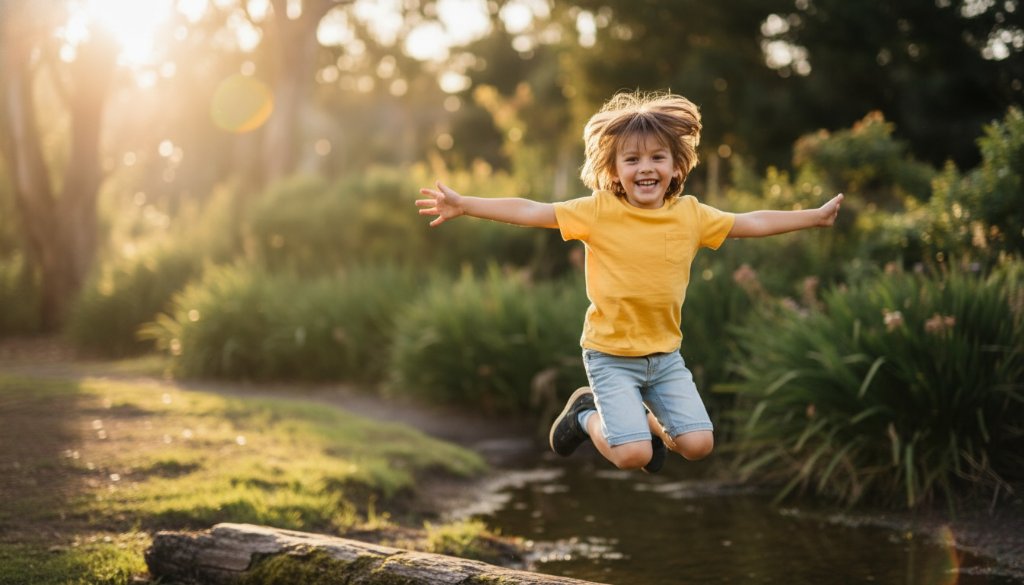 A professional, cinematically lit photograph capturing genuine kids joy Glen Waverley Victoria, showing a child mid-laugh, running through dappled sunlight in a lush park, possibly Jells Park, with a sense of freedom and pure happiness, professional colour grading.