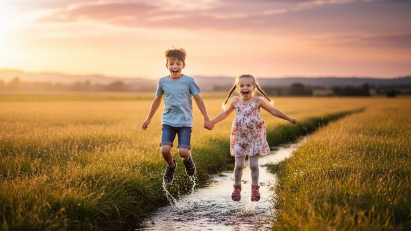 A dramatic, sun-drenched portrait showcasing genuine kids joy Hillside Victoria photography, with two siblings laughing as they run through tall golden grass at sunset, capturing an epic, unposed moment of pure childhood bliss.