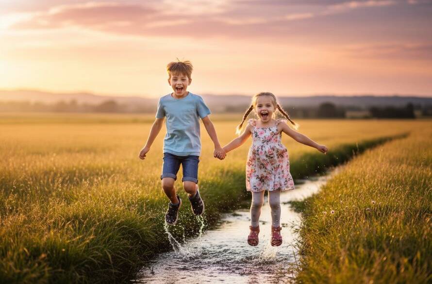 A dramatic, sun-drenched portrait showcasing genuine kids joy Hillside Victoria photography, with two siblings laughing as they run through tall golden grass at sunset, capturing an epic, unposed moment of pure childhood bliss.