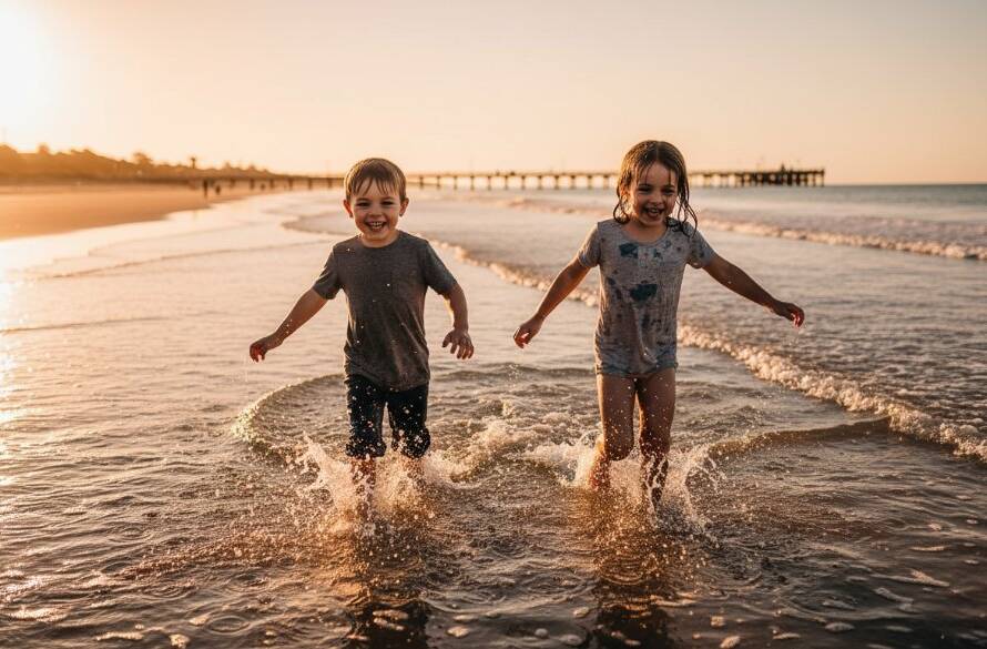 An epic moment of genuine kids joy during a Mentone beach photography session, featuring two children laughing as they splash in the shallow water at sunset, dramatic golden light, professional photography.