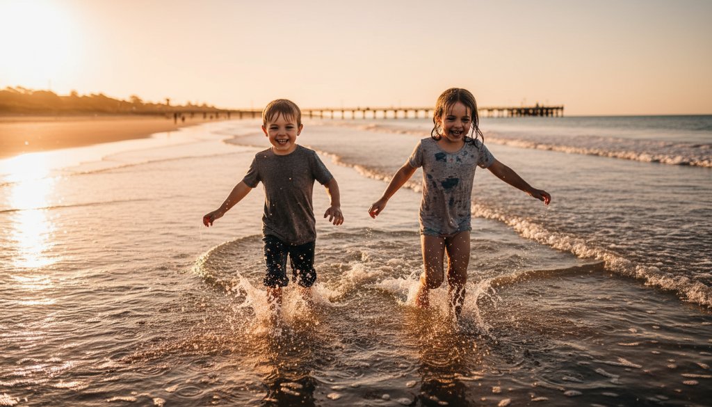 An epic moment of genuine kids joy during a Mentone beach photography session, featuring two children laughing as they splash in the shallow water at sunset, dramatic golden light, professional photography.