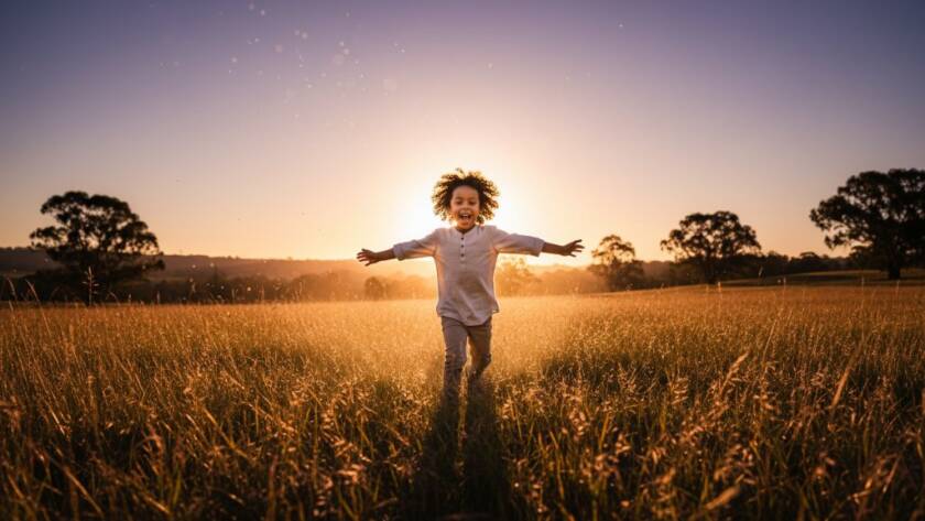 A professional wide-angle photograph capturing genuine kids joy Narre Warren North, featuring a child running through a sun-dappled field at sunset, arms outstretched, with trees and rolling hills in the background, exuding pure happiness and freedom. The light is dramatic and golden, with a cinematic colour grade.