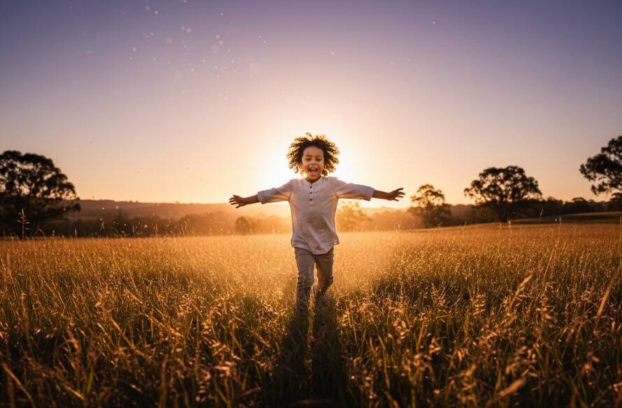A professional wide-angle photograph capturing genuine kids joy Narre Warren North, featuring a child running through a sun-dappled field at sunset, arms outstretched, with trees and rolling hills in the background, exuding pure happiness and freedom. The light is dramatic and golden, with a cinematic colour grade.