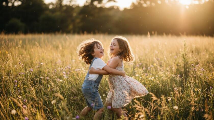 An emotionally vibrant, wide-angle shot of a child laughing joyfully, captured mid-run through a sun-dappled field in Braybrook, Victoria, late afternoon golden hour. The child's arms are outstretched, hair flowing, with a sense of pure freedom, illustrating the magic of capturing genuine kids photography Braybrook Victoria. Professional photography, dramatic lighting, warm colour grading, cinematic.