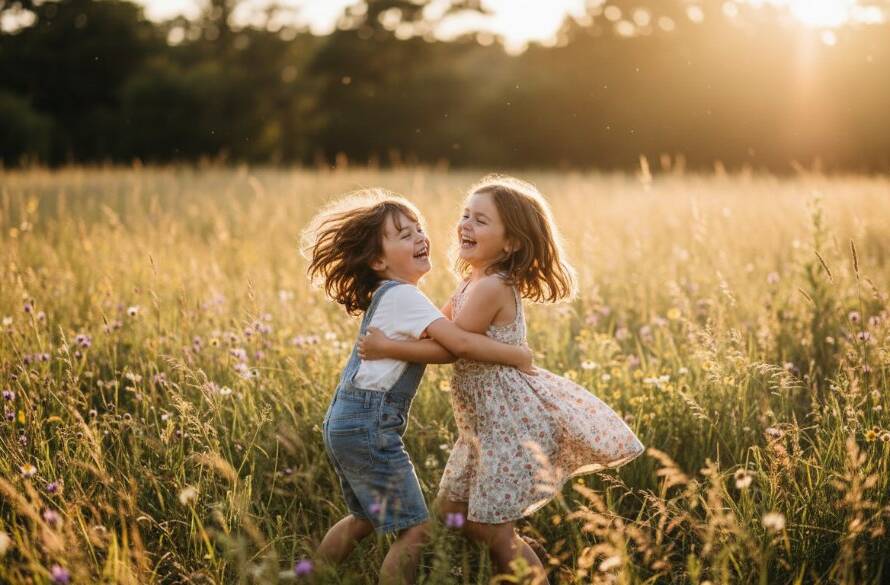 An emotionally vibrant, wide-angle shot of a child laughing joyfully, captured mid-run through a sun-dappled field in Braybrook, Victoria, late afternoon golden hour. The child's arms are outstretched, hair flowing, with a sense of pure freedom, illustrating the magic of capturing genuine kids photography Braybrook Victoria. Professional photography, dramatic lighting, warm colour grading, cinematic.