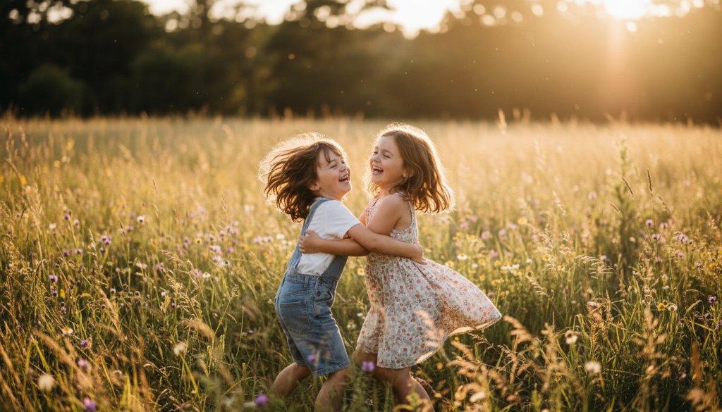 An emotionally vibrant, wide-angle shot of a child laughing joyfully, captured mid-run through a sun-dappled field in Braybrook, Victoria, late afternoon golden hour. The child's arms are outstretched, hair flowing, with a sense of pure freedom, illustrating the magic of capturing genuine kids photography Braybrook Victoria. Professional photography, dramatic lighting, warm colour grading, cinematic.