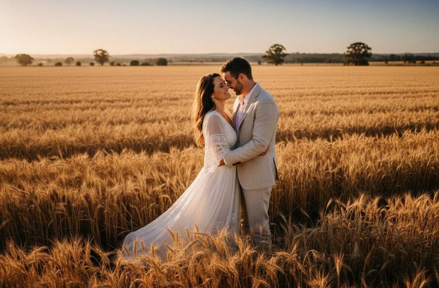 An epic, emotionally charged moment of a newlywed couple's first kiss under dramatic sunset lighting at a picturesque winery in Melton West, beautifully illustrating the art of capturing genuine Melton West wedding photography.
