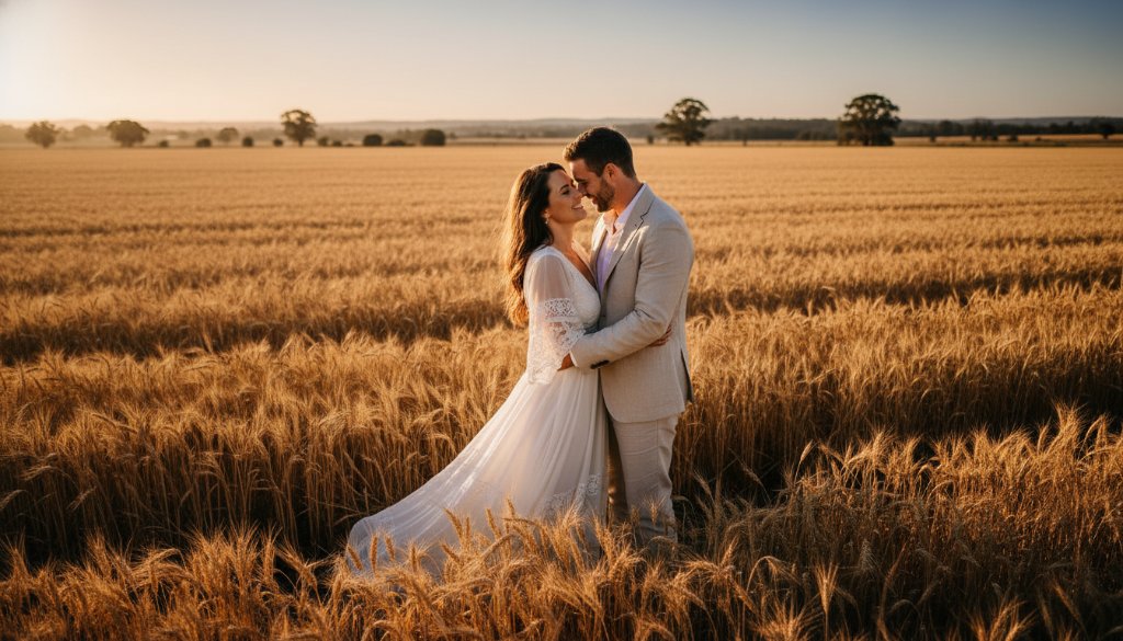 An epic, emotionally charged moment of a newlywed couple's first kiss under dramatic sunset lighting at a picturesque winery in Melton West, beautifully illustrating the art of capturing genuine Melton West wedding photography.