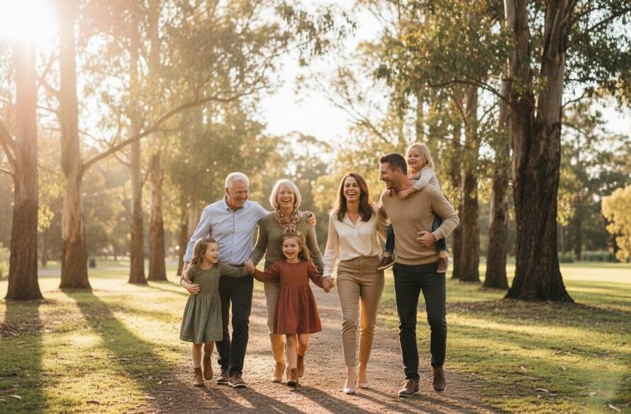 Capturing genuine moments Blackburn South candid photography of a family laughing joyfully during golden hour in a sun-dappled park in Blackburn South, Victoria, showcasing a heartfelt, unposed connection.