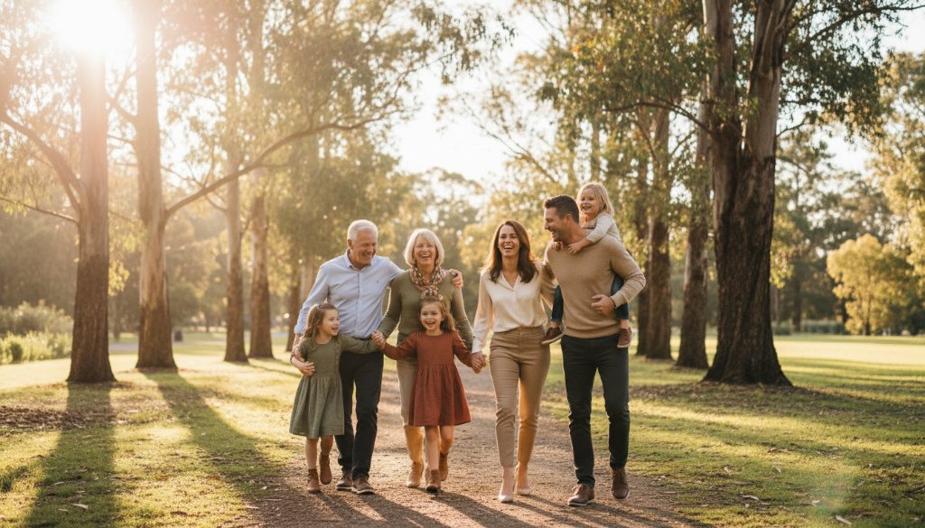 Capturing genuine moments Blackburn South candid photography of a family laughing joyfully during golden hour in a sun-dappled park in Blackburn South, Victoria, showcasing a heartfelt, unposed connection.