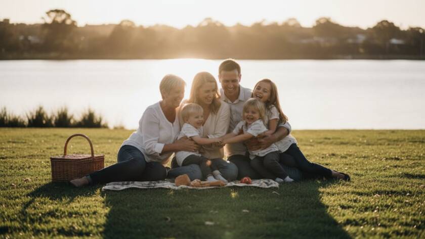 A heartwarming, candid photograph capturing genuine moments candid photography Caroline Springs, showing a family laughing joyfully during a picnic by Lake Caroline at sunset, with golden hour light creating a cinematic glow.