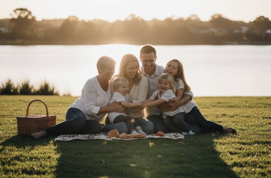 A heartwarming, candid photograph capturing genuine moments candid photography Caroline Springs, showing a family laughing joyfully during a picnic by Lake Caroline at sunset, with golden hour light creating a cinematic glow.