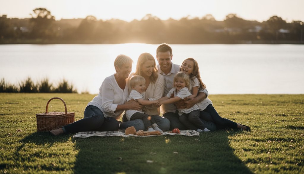 A heartwarming, candid photograph capturing genuine moments candid photography Caroline Springs, showing a family laughing joyfully during a picnic by Lake Caroline at sunset, with golden hour light creating a cinematic glow.