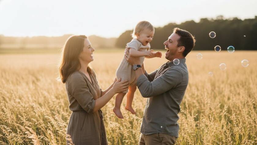 A joyful family embracing during a golden hour sunset in a wide, open field near Lang Lang, Victoria, perfectly capturing genuine moments Lang Lang photography, showcasing authentic connection and unposed emotion.