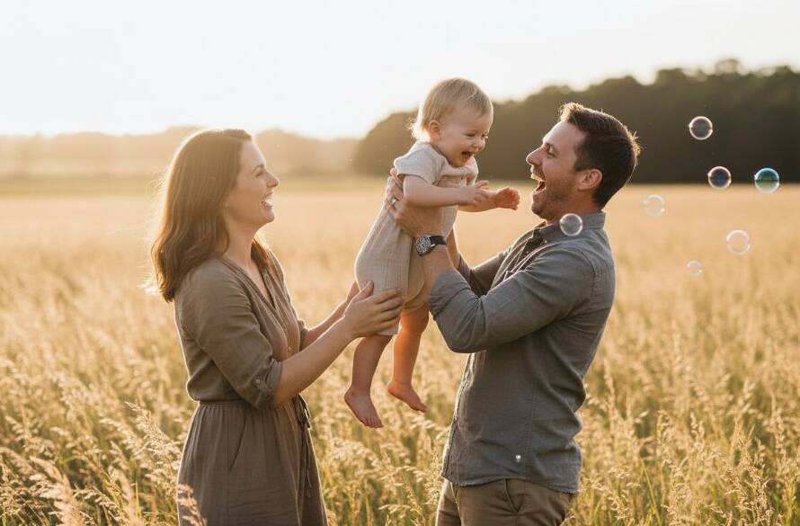 A joyful family embracing during a golden hour sunset in a wide, open field near Lang Lang, Victoria, perfectly capturing genuine moments Lang Lang photography, showcasing authentic connection and unposed emotion.