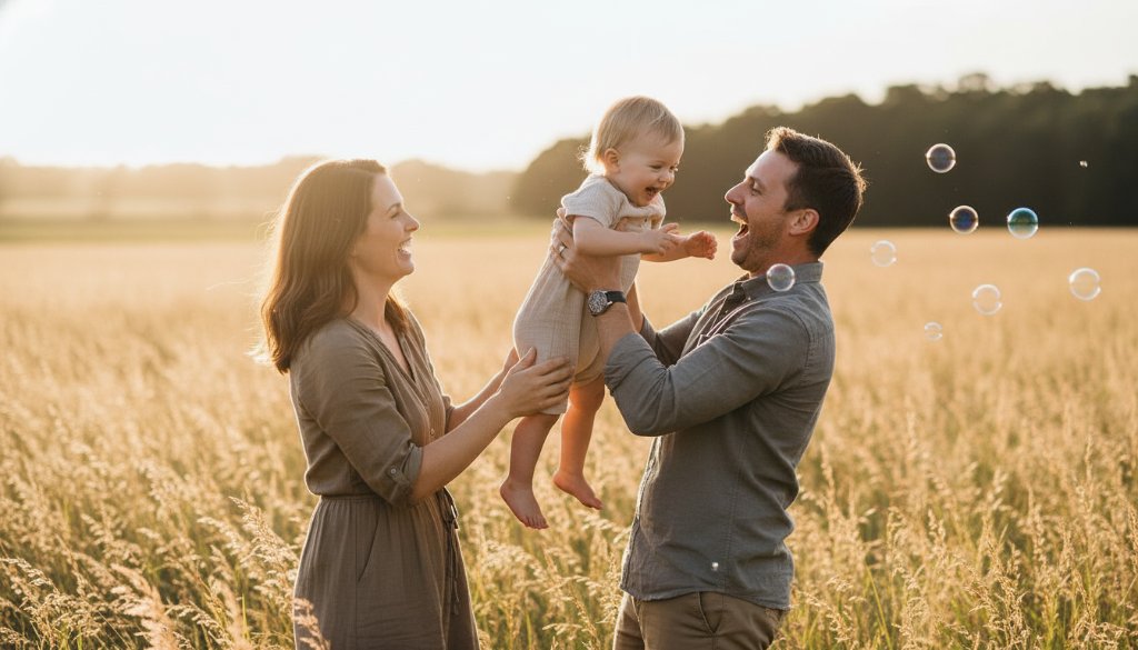 A joyful family embracing during a golden hour sunset in a wide, open field near Lang Lang, Victoria, perfectly capturing genuine moments Lang Lang photography, showcasing authentic connection and unposed emotion.