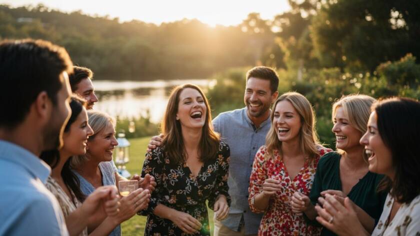 An epic moment of pure, unadulterated laughter and connection, perfectly capturing genuine party joy Warrandyte Victoria, amidst a beautifully decorated private garden party at sunset.