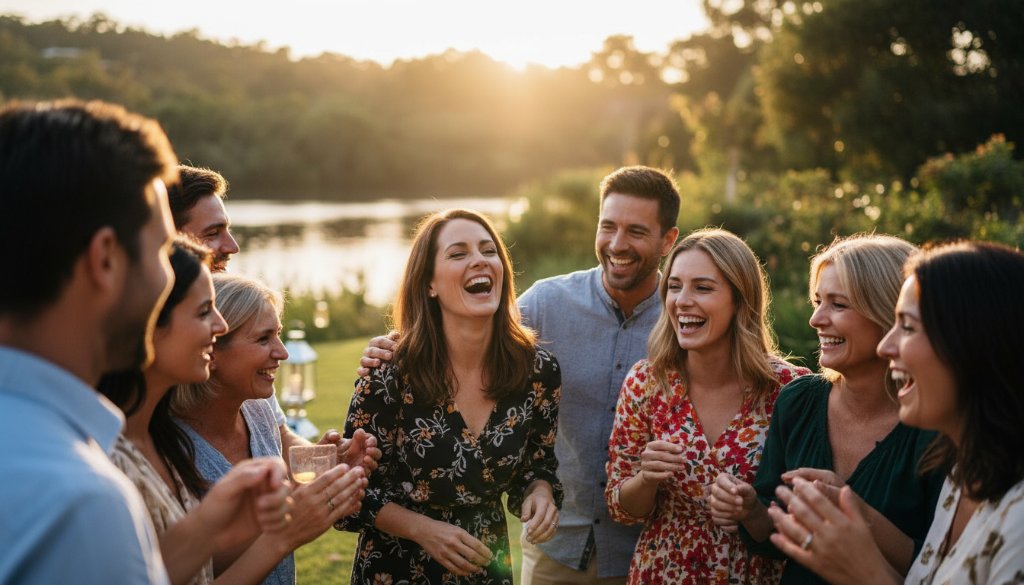 An epic moment of pure, unadulterated laughter and connection, perfectly capturing genuine party joy Warrandyte Victoria, amidst a beautifully decorated private garden party at sunset.
