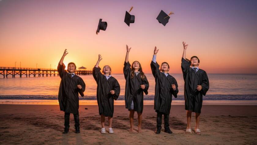 Dramatic, sun-kissed photograph capturing genuine school memories Seaford Victoria, showing a group of diverse primary school children joyfully throwing their graduation caps into the air at sunset, with the iconic Seaford Pier in the blurred background, celebrating an epic moment of achievement.