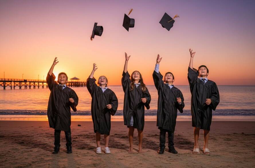 Dramatic, sun-kissed photograph capturing genuine school memories Seaford Victoria, showing a group of diverse primary school children joyfully throwing their graduation caps into the air at sunset, with the iconic Seaford Pier in the blurred background, celebrating an epic moment of achievement.