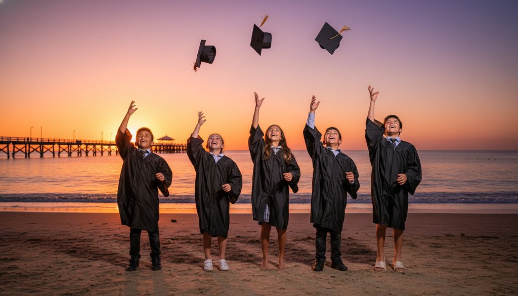 Dramatic, sun-kissed photograph capturing genuine school memories Seaford Victoria, showing a group of diverse primary school children joyfully throwing their graduation caps into the air at sunset, with the iconic Seaford Pier in the blurred background, celebrating an epic moment of achievement.