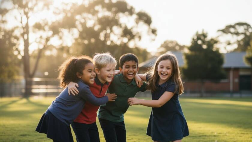 A heartwarming, professional photograph showcasing a group of diverse primary school children from Croydon North laughing joyfully together on a sunny school oval, perfectly capturing genuine school photography memories Croydon North with dramatic backlighting and vibrant colours.
