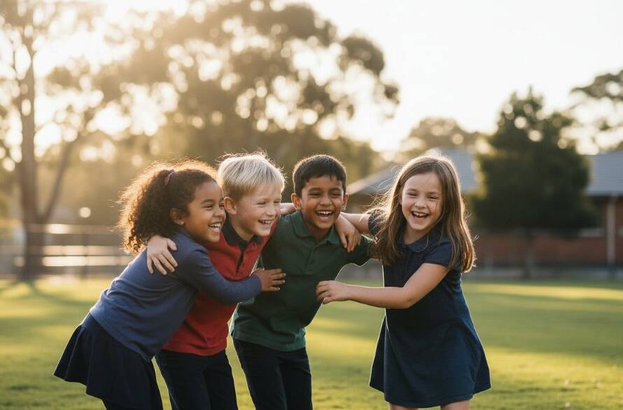 A heartwarming, professional photograph showcasing a group of diverse primary school children from Croydon North laughing joyfully together on a sunny school oval, perfectly capturing genuine school photography memories Croydon North with dramatic backlighting and vibrant colours.