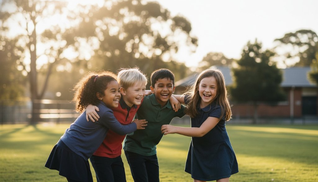 A heartwarming, professional photograph showcasing a group of diverse primary school children from Croydon North laughing joyfully together on a sunny school oval, perfectly capturing genuine school photography memories Croydon North with dramatic backlighting and vibrant colours.