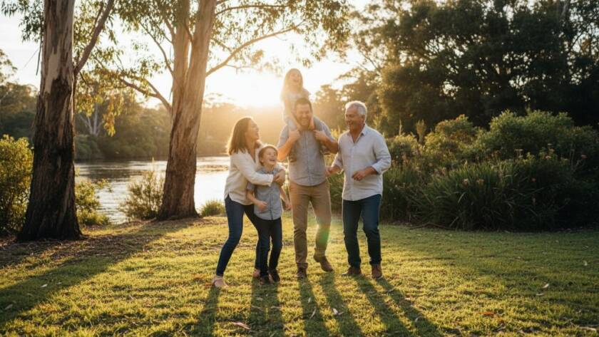 A candid photograph capturing genuine Templestowe family moments, showing a family laughing joyfully by the Yarra River in Templestowe, with warm afternoon sunlight filtering through the trees, highlighting their genuine connection and happiness.