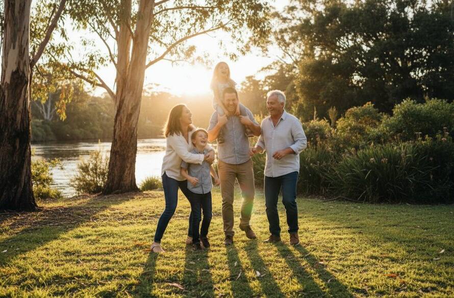 A candid photograph capturing genuine Templestowe family moments, showing a family laughing joyfully by the Yarra River in Templestowe, with warm afternoon sunlight filtering through the trees, highlighting their genuine connection and happiness.