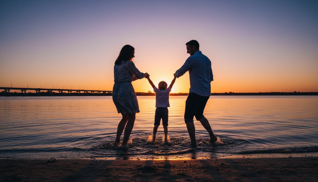 A wide, cinematic shot capturing genuine Yarrawonga family moments: a family of three (parents and young child) laughing joyfully and splashing playfully at the golden hour on the sandy foreshore of Lake Mulwala, with the iconic Yarrawonga-Mulwala Bridge in the softly blurred background, silhouetted against a dramatic orange and purple sunset sky. Professional, color-graded, high-impact.