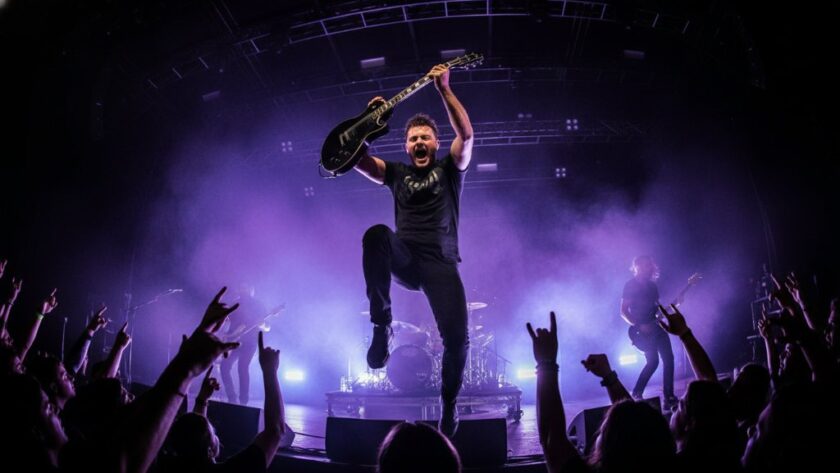 A dynamic, wide-angle shot of a guitarist mid-shred on a brightly lit stage at a Gisborne music venue, with the crowd's hands raised in the foreground, perfectly capturing Gisborne live music energy and an epic concert moment.