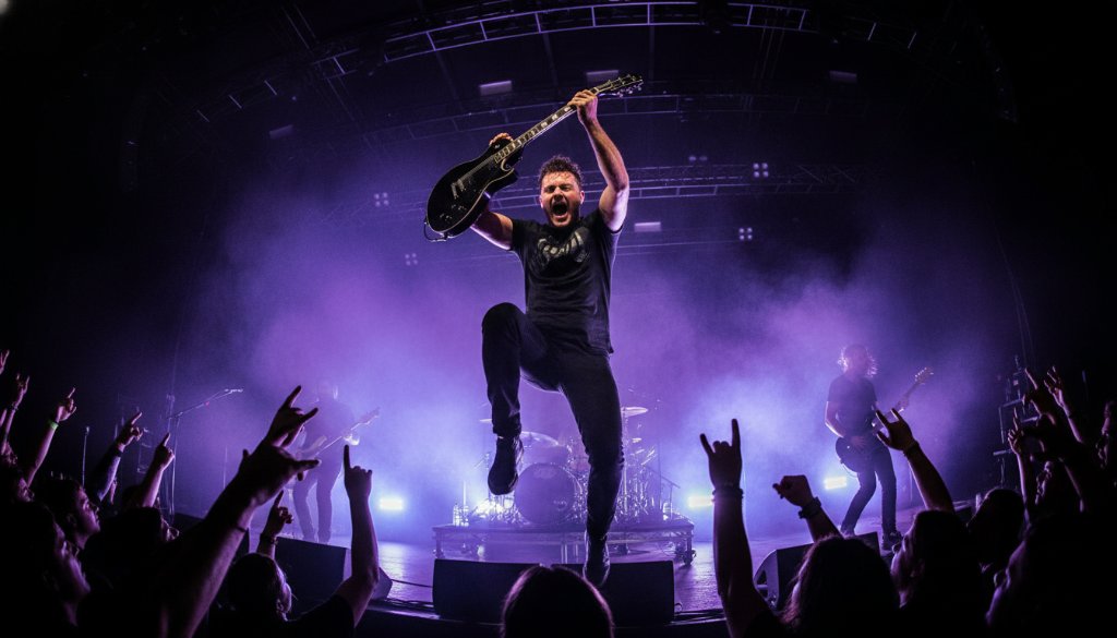 A dynamic, wide-angle shot of a guitarist mid-shred on a brightly lit stage at a Gisborne music venue, with the crowd's hands raised in the foreground, perfectly capturing Gisborne live music energy and an epic concert moment.