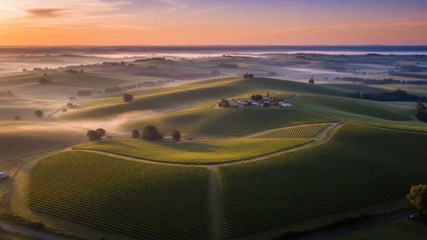 An epic, cinematic drone photograph overlooking the lush green rolling hills and vineyards of Gisborne, Victoria at sunrise, with a light mist clinging to the valleys and dramatic golden light illuminating the landscape. The scene perfectly captures Gisborne's natural beauty with drone photography, showcasing its serene rural charm from a unique aerial perspective.