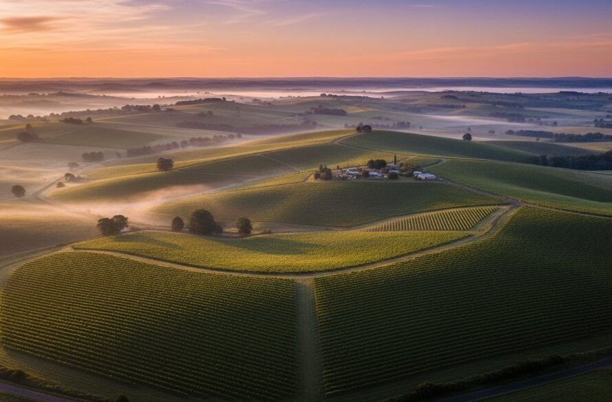 An epic, cinematic drone photograph overlooking the lush green rolling hills and vineyards of Gisborne, Victoria at sunrise, with a light mist clinging to the valleys and dramatic golden light illuminating the landscape. The scene perfectly captures Gisborne's natural beauty with drone photography, showcasing its serene rural charm from a unique aerial perspective.