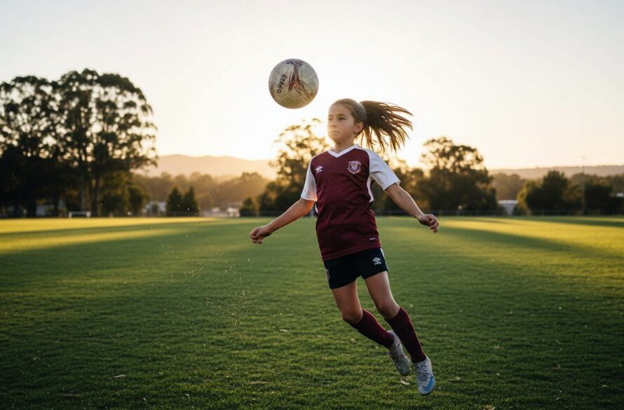 An epic moment in Gisborne Victoria junior sports photography, showing a young athlete mid-action on a vibrant green oval at sunset, with dramatic backlighting highlighting their determined expression and dynamic movement, capturing the peak of their performance.