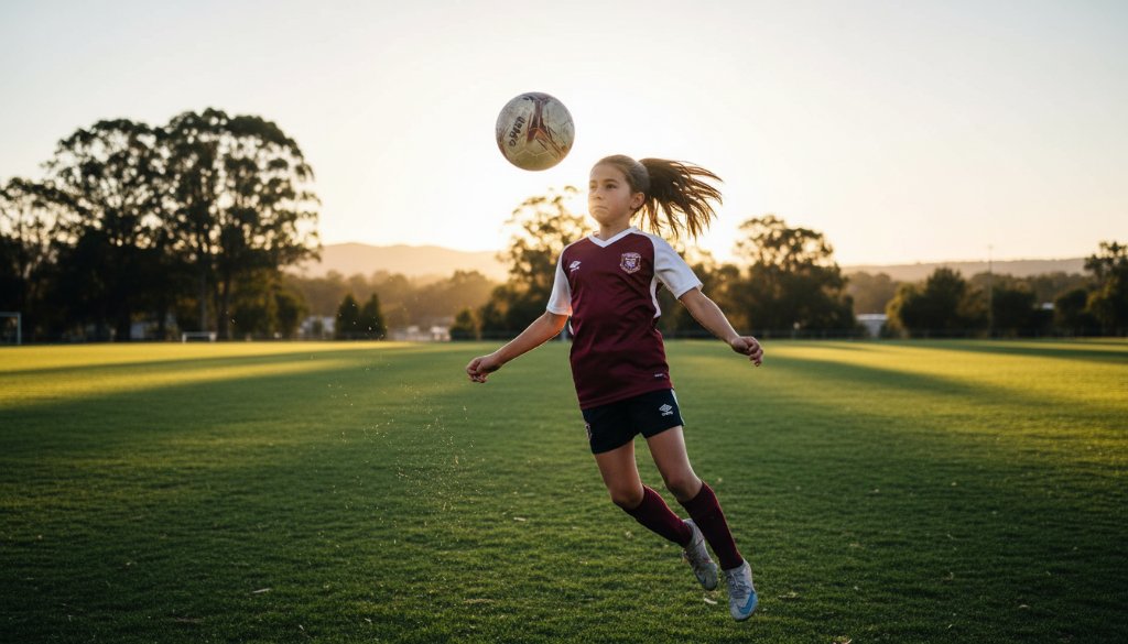 An epic moment in Gisborne Victoria junior sports photography, showing a young athlete mid-action on a vibrant green oval at sunset, with dramatic backlighting highlighting their determined expression and dynamic movement, capturing the peak of their performance.