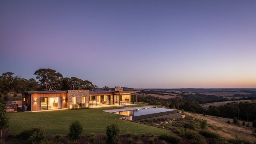 A wide-angle, cinematic photograph showcasing a luxurious, modern Gisborne home at twilight, its interior lights glowing warmly, reflecting onto a perfectly manicured lawn, highlighting the premium appeal of Capturing Gisborne's Charm: Expert Real Estate Photography Victoria.