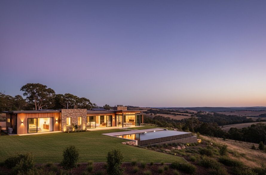 A wide-angle, cinematic photograph showcasing a luxurious, modern Gisborne home at twilight, its interior lights glowing warmly, reflecting onto a perfectly manicured lawn, highlighting the premium appeal of Capturing Gisborne's Charm: Expert Real Estate Photography Victoria.