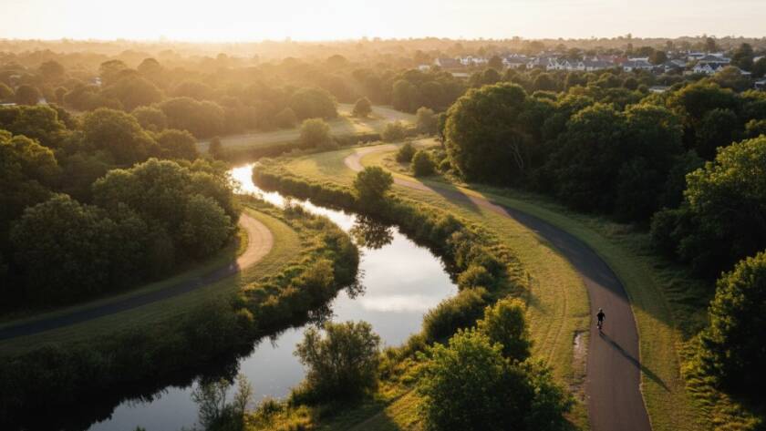 An awe-inspiring aerial shot of Gardiners Creek Reserve in Glen Iris at dawn, with the rising sun casting a golden glow over winding waterways and lush greenery, beautifully capturing Glen Iris's stunning landscapes with drone photography in a cinematic style.