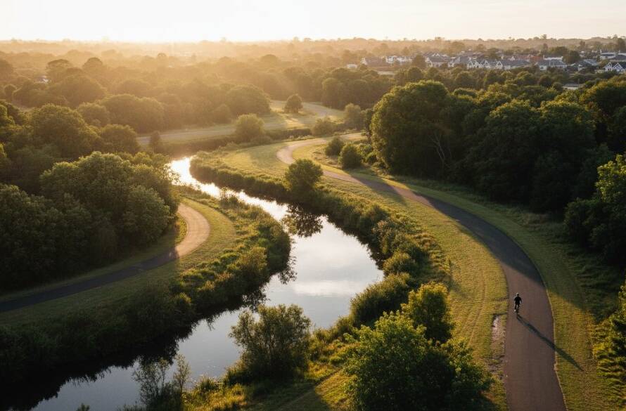 An awe-inspiring aerial shot of Gardiners Creek Reserve in Glen Iris at dawn, with the rising sun casting a golden glow over winding waterways and lush greenery, beautifully capturing Glen Iris's stunning landscapes with drone photography in a cinematic style.