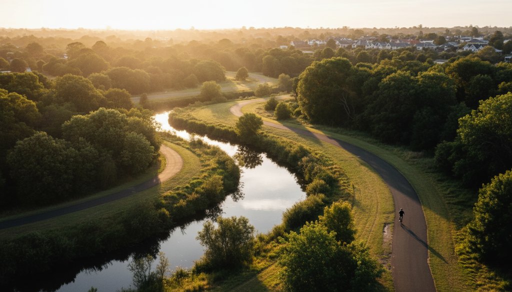 An awe-inspiring aerial shot of Gardiners Creek Reserve in Glen Iris at dawn, with the rising sun casting a golden glow over winding waterways and lush greenery, beautifully capturing Glen Iris's stunning landscapes with drone photography in a cinematic style.
